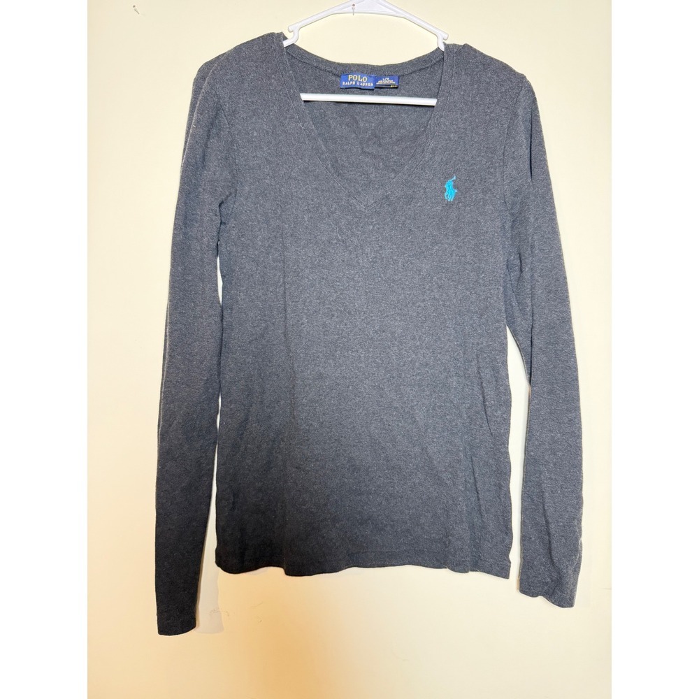 Polo Ralph Lauren Womens V-Neck Long Sleeve T-Shirt Gray Blue Pony Cotton L